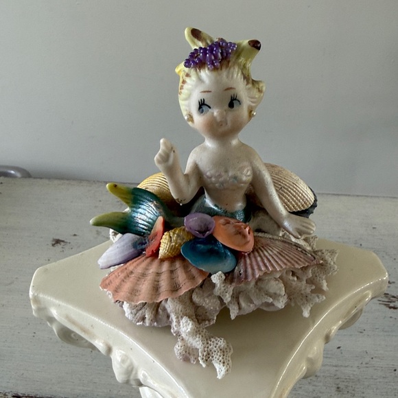 Vintage Bisque Porcelain Mermaid Figurine Coral - Seashells